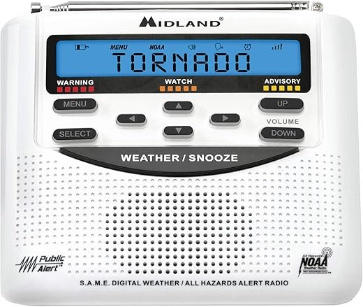 Midland - WR120, NOAA Emergency Weather Alert Radio - S.A.M.E. Localized Programming, Trilingual Display, 60+ Emergency Alerts, & Alarm Clock (WR120C - Clam Packaging)