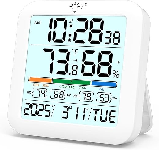 Mini Digital Indoor Thermometer Hygrometer Clock, Room Temperature Humidity Monitor with Calibration, Backlight, Air Comfort Indicator, 24H Max Min Record, Time, Alarm for Home, School