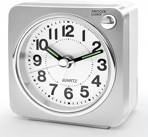 Minimalist Battery Analog Travel Alarm Clock, Silver Clocks for Bedrooms, Beside Clock for Kids Seniors, Slient No Ticking, Backlight On Demand, Snooze, Ascending Alarm,Silver
