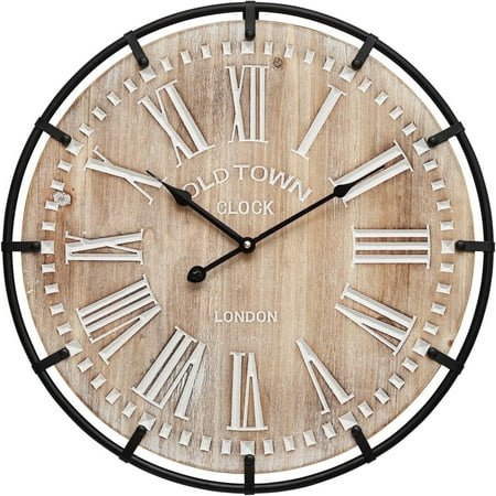 MODE HOME Large Farmhouse Wall Clock, 24 Inch Rustic Wooden Wall Clock Decorative with Metal Circle and Engraved Numerals, Silent Battery Operated for Kitchen Bedroom Living Room Fireplace Mantel
