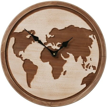 Modernist Home World Map Art Clock, Brown Wood, Laser Cut Beige Continents, Black Hour and Minute Hands, Round, Battery Operated (1 AA ) 19.75 Inches Diameter (50 cm)
