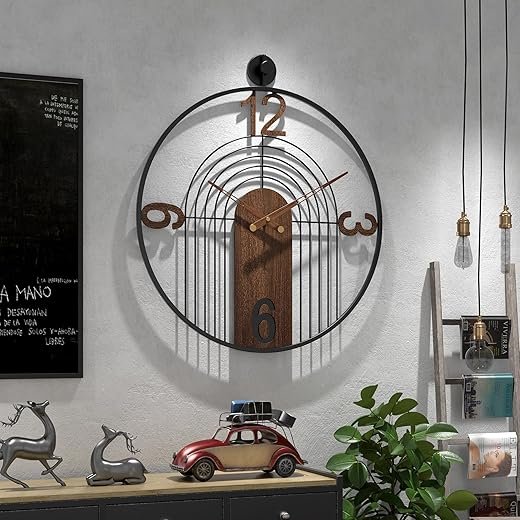 Modern Large Walnut Dial Wall Clock, Wood Metal Frame Silent Non Ticking Wall Clocks Decoration for Living Room, Bedroom, Kitchen, Study, Handmade Home Decor Present Idea, 22 Inch