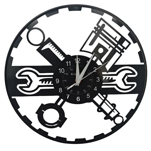Modern Mechanic Wall Clock, Black Vinyl, 11.81 Inch Round, Industrial Design with Tools, Decorative Clock for Garage, Workshop