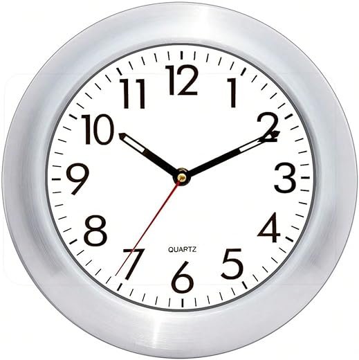 Modern Wall Clock, 25.4 cm Diameter, Brushed Aluminium Frame, White Face