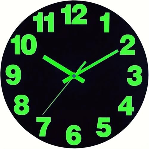 Modern Wall Clock with Neon Green Numbers, 12-Hour Display, Black