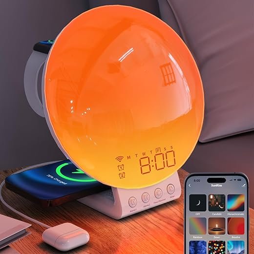 MOMILLA Sunrise Alarm Clock Smart, 3 in 1 Wireless Charging Station, App Control Sound Machine White Noise, Sunset Lamp, Night Light Wake up Light in Bedroom for Heavy Sleepers, Kids