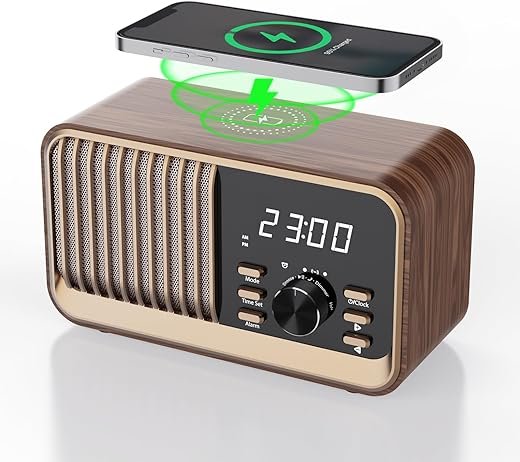 MONODEAL Alarm Clock Radio with Fast Wireless Charging,Support Bluetooth 5.3/FM Radio/USB Port/TF Card/Aux in,8W Stereo Sound Speaker,Snooze,Hands-Free Calling,Dimmable Clock Radios for Bedroom