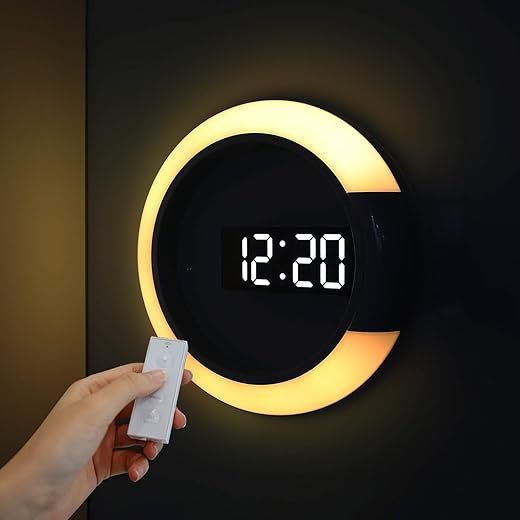 mooas Mood Light LED Silent Digital Wall Clock with Remote, Backlit Nightlight, Modern Digital LED Wall Clock Display Alarm Clock Melody 5 Brightness for Bedroom Living Room