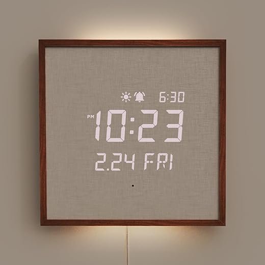mooas Wooden Frame LED Silent Wall Clock with Remote, Backlit Nightlight, Modern Digital LED Wall Clock Display Sunrise Alarm Melody 5 Brightness for Bedroom Living Room (Wooden Frame Dark Brown)