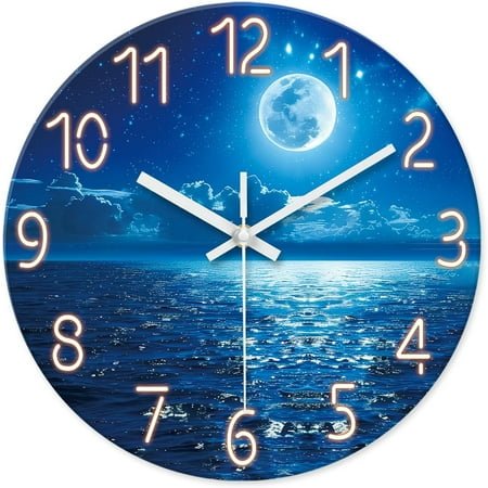 Moon Wall Clock Silent Non Ticking Lake Decorative Blue Wall Clocks Battery Operated 12 inch Glass Round Wall Clock Kitchen Living Room Office