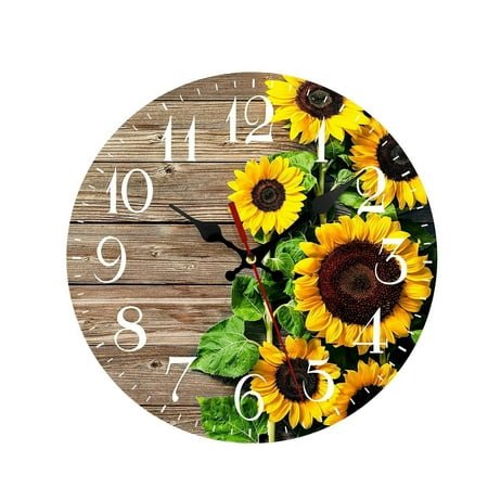 MOQIN Sunflower Wall Clocks Decor, Sunflower Kitchen Decor Round Wall Clock 11.8 Inch Silent Non Ticking Battery Operated Wood Clock for Bedroom Bathroom Living Room