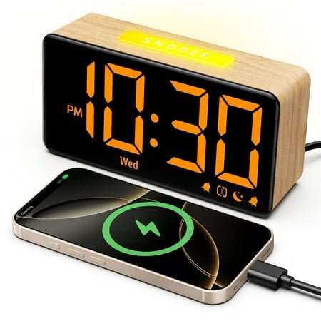 Mpow Alarm Clocks for Bedrooms, Wood Grain, Digital Clock with Night Light, Desk Clock for Bedside, Power-Off Memory & Alarm, Dual Alarm, 5 Level Brightness +Off, 12/24H, 9min Snooze, Reveil Matin