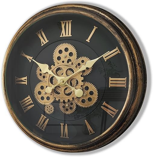 Mrocioa 18 Inch Large Gear Clock Real Moving Gears Wall Clocks with Glass Cover, Big Industrial Steampunk Wall Hanging Home Decor Clock, Mid-Century Favor Grandfather Clocks (Gold, 18 inches)