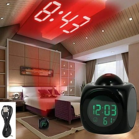 Multifunction Projection Alarm Clock Voice Talking LCD Projection Time Thermometer Display Home Decor(Black)