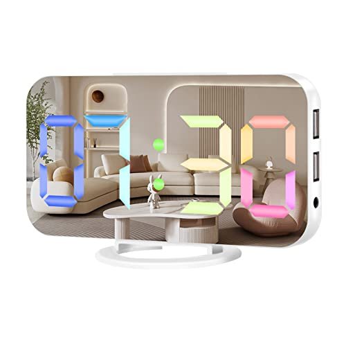 Muoigoe Digital Alarm Clock,Large Display LED and Mirror Desk Clock with Dual USB Charger Ports, 3 Levels Brightness,12/24H Alarm Clocks, Modern Electronic Clock for Bedroom Living Room - White RGB