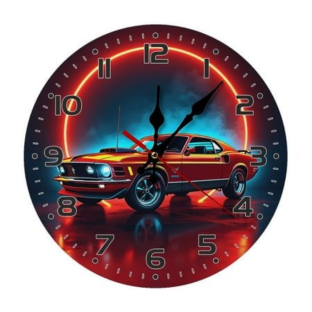 Muscle Car Neon Lights Wall Clock 10 Inch Silent Non Ticking Round Clock Decoration for Living Room Kitchen Bedroom Bathroom Office Classroom