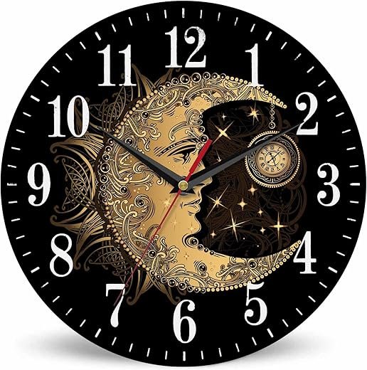 Mxocom Crescent Moon Wall Clock Boho Chic Golden Sun Ethnic Retro Night Black 10 Inch Silent Non Ticking Battery Operated Clock Vintage Round Clock for Living Room Bedroom Bathroom Office Decor
