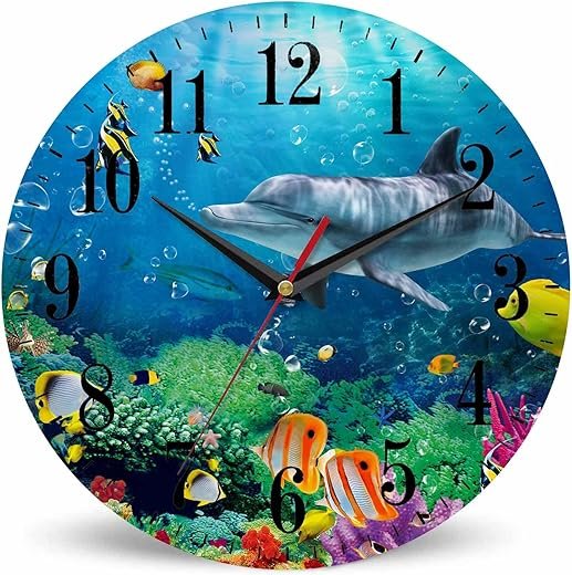 Mxocom Cute Dolphin Wall Clock Coral Colorful Tropical Fish Under The Sea 10 Inch Silent Non Ticking Battery Operated Clock Vintage Round Clock for Living Room Bedroom Bathroom Office Decor