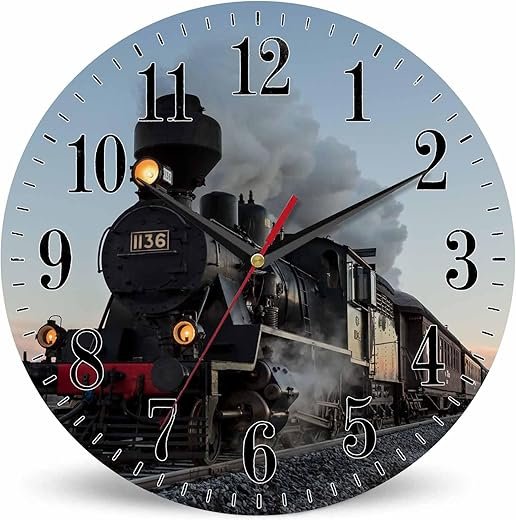Mxocom Morning Train Wall Clock Old Steam Train Smoke Rairoad Sunrise 10 Inch Silent Non Ticking Battery Operated Clock Vintage Round Clock for Living Room Bedroom Bathroom Office Decor
