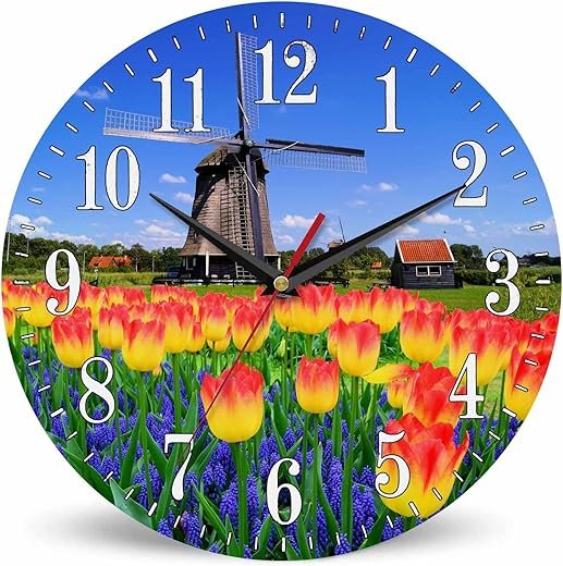 Mxocom Netherlands Vibrant Tulip Wall Clock Colorful Flowers with Classic Dutch Windmill 10 Inch Silent Non Ticking Battery Operated Clock Vintage Round Clock for Living Room Bedroom Bathroom Decor