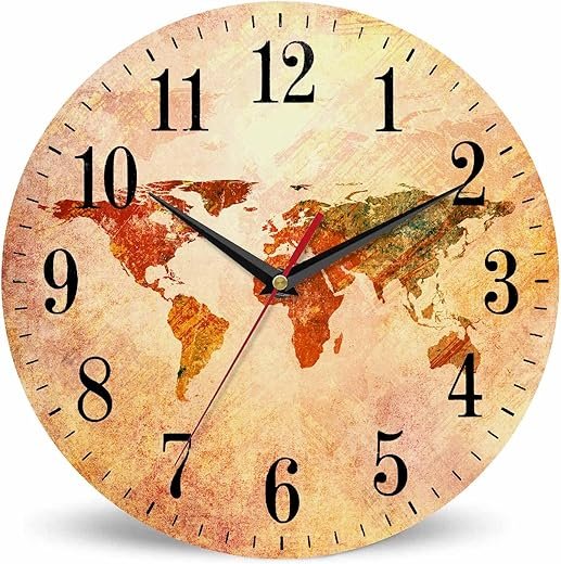 Mxocom Retro World Map Wall Clock Art Colorful Poster Style Red Green Beige 10 Inch Silent Non Ticking Battery Operated Clock Vintage Round Clock for Living Room Bedroom Bathroom Office Decor