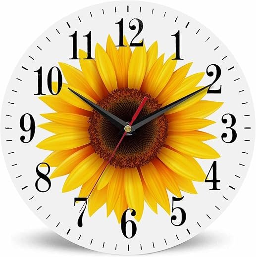 Mxocom Sunflower Flower Wall Clock Beautiful Yellow Floral Blooming Nature Bright 10 Inch Silent Non Ticking Battery Operated Clock Vintage Round Clock for Living Room Bedroom Bathroom Office Decor