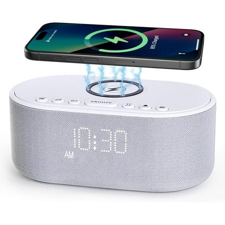 MYSound Machine Alarm Clock with Wireless Charging – 10W Bluetooth Stereo Speaker, White Noise Machine with 21 Soothing Sleep Sounds for Bedroom Relaxation