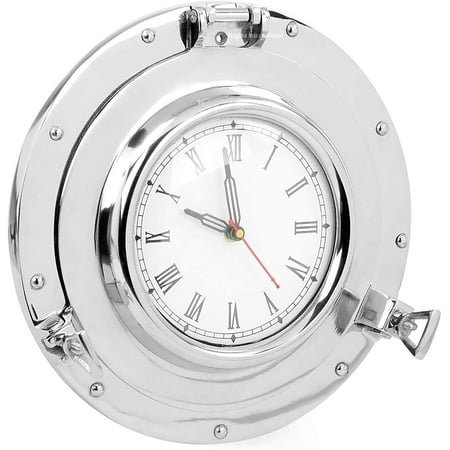 Nagina International 11 Solid Brass Handcrafted Porthole Clock | Functional Wall Decor Circular Hanging Clock | Premium Vintage Style Hanging Pirate's Coastal Nautical Clock (Nickel Polished)