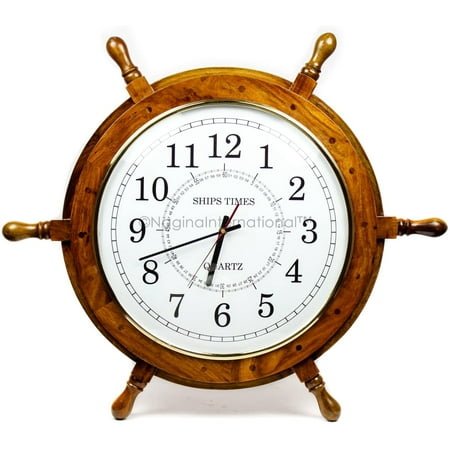 Nagina International Nautical Moon Light Blue Large Wooden Ship Wheel with Ship's Time Captain's Clock - Pirate Home Decorative Clock (16 Inches, White Dial Face)