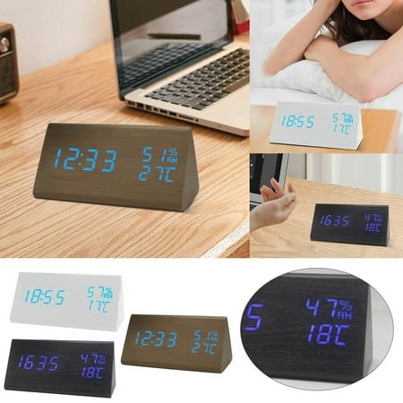 Natural Alarm Clock Clock For Kitchen Wall New Temperature And Humidity Multifunctional Silent Alarm Clock Led Wooden Student Electronic Bedside Desk Blue Letter Model