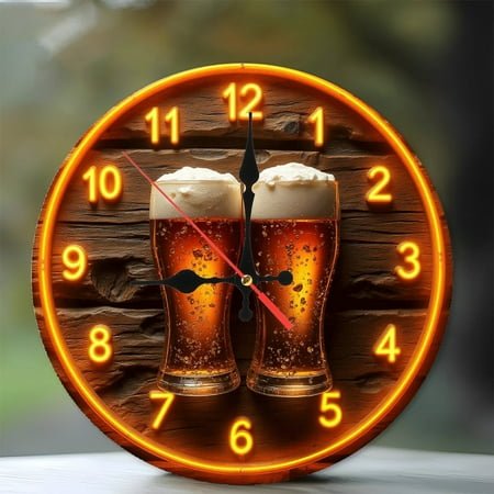Neon Beer Clock Sign Light for Home Bar Decor 10-Inch Silent Wooden Wall Clock, Battery Operated (AA Batteries Not Included), Artistic Home Decor