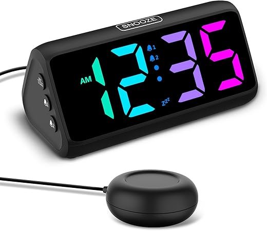 Netzu Loud Alarm Clock for Heavy Sleepers, Plug-in RGB Vibrating Alarm Clocks with Bed Shaker, 5 Dimmers, 2 Alarms and Snooze for Bedrooms Hearing Impaired Deaf Adultsf(Black)