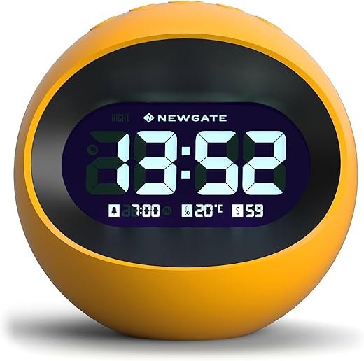 NEWGATE® Centre of The Earth Alarm Clock | Round Retro Digital LCD Clock | Yellow | Ideal for Bedside, Desk or Shelf | Retro Bedroom & Office Accessory