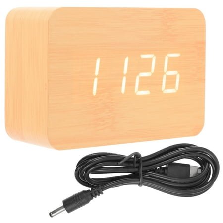 NICEXMAS Stylish Digital Desk LED Alarm Clock in Light Yellow Bamboo Wood with Thermometer for Home and Office 12.4 x 10 x 6.6 cm
