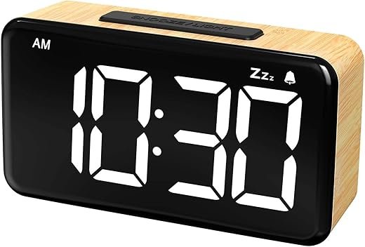 NOKLEAD Digital Alarm Clock for Bedroom: 5.9 inch Large LED Display, 9-Mins Snooze, 2 Volume Levels, 5 Brightness, 12/24H, Adapter Powered, Easy to Use for Adults and Seniors (Light Wood Grain)