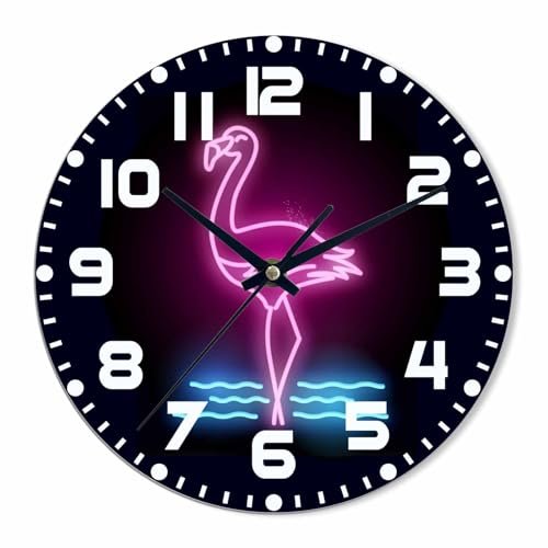 NOMEDOGYIM Neon Flamingo Wall Clock Battery Operated Glowing Pink Flamingo Wall Clock Silent Non Ticking Quality Quartz 10 Inch Round Easy Clock to Read for Home Office