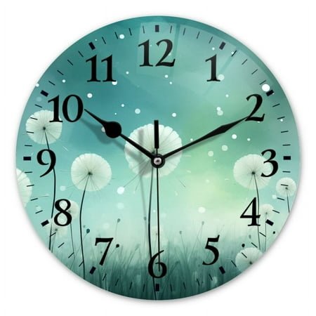 Non-Ticking Silent Wall Clocks Battery Operated Personalized Decor Clock for Bathroom,Office-Watercolor White Dandelions On The Meadow（10inch）