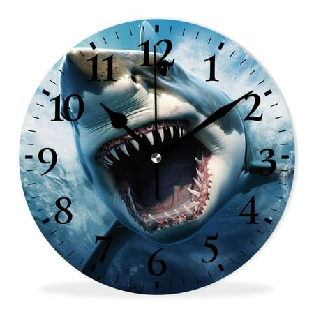 Non-Ticking Sweep Movement Wall Clock Battery Operated Analog Wall Clocks Decorative for Bedroom-Great White Shark with its Mouth 0pen(10inch)