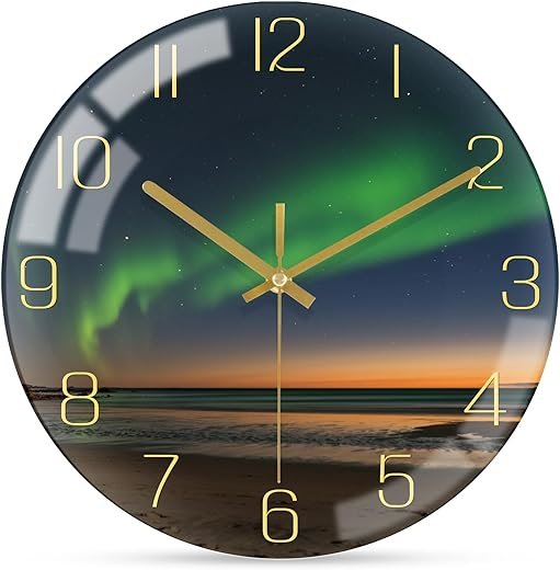 Northern Lights Wall Clock, Small 8 Inch Modern Nature Aurora Green Clocks, Silent Non Ticking Battery Operated Clocks Decorative for Bathroom Living Room Bedroom Office Kitchen