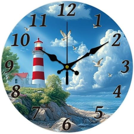 Ocean Lighthouse Wall Clock 12 Inch Battery Operated Wall Clock Non Ticking Silent Decorative Clock