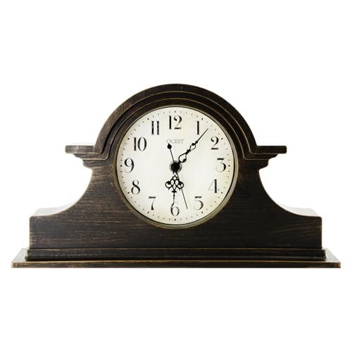 OCEST Vintage Farmhouse Mantel Clock - 13 x 7 Inch Quartz Gilt Finish Battery Operated, Contemporary Napoleon Classic Desk & Shelf Décor for Living Room Office Tabletop Bedside (Walnut Brown)