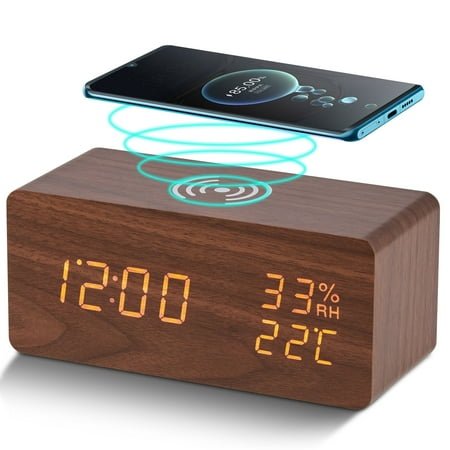 Onekawa Wooden Digital Alarm Clock with Wireless Charging Stylish LED Display for Bedrooms Adjustable Brightness and Voice Control Alarm Clock Perfect for Desks-Brown