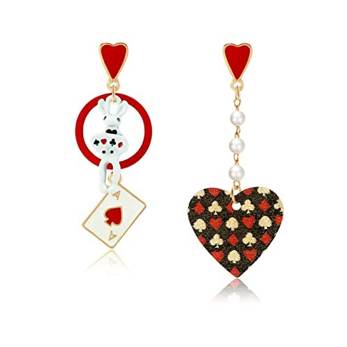 ONLYJUMP Long Asymmetric Heart Poker Dangle Earrings for Women Unique Funny Alarm Clock Playing Cards Dangle Earrings Gambling Casino Jewelry (Red)