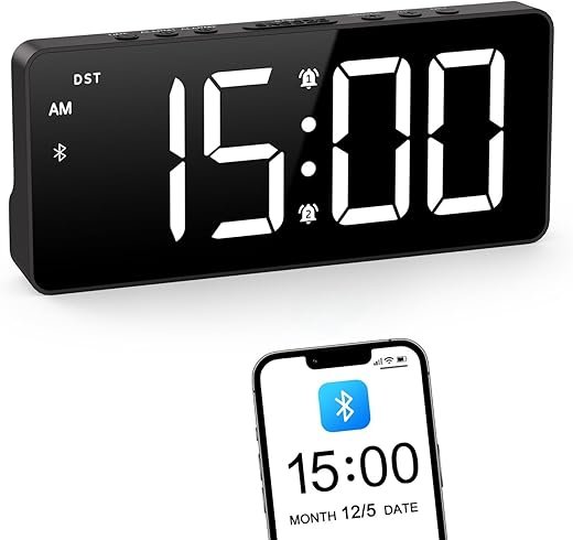 ORIA Digital Alarm Clock, LED Bedroom Clock with Bluetooth Sync Time, Auto Sync Time Alarm Clock, Adjustable Volume Brightness, Snooze, Rechargeable Large Display for Home Living Room