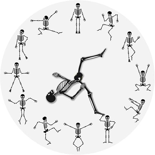 OTKU 12 inch Wall Clock Running Skeleton Decorative Wall Clock Dancing Jumping Skull Bones Wall Watch Halloween Non-Ticking Art Decor Clock for Modern Wall Decor