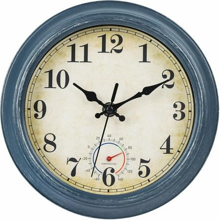 Outdoor Clocks Waterproof with Thermometer Combo Rustic Coastal Beach Wall Clock Decor for Bathroom Patio Pool (8 Inch,Blue)
