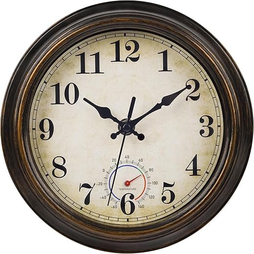 Outdoor Clocks Waterproof with Thermometer Combo Vintage Rustic Wall Clock for Patio Pool Bathroom Kitchen(8 Inch,Bronze)
