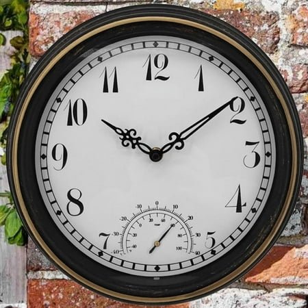 Outdoor Waterproof Wall Clock with Thermometer IP44 Vintage Round Garden Decor Clo 2X5718