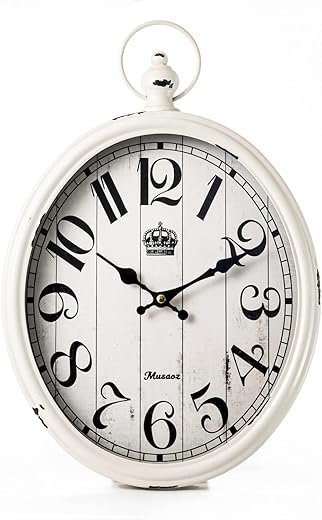 Oval Wall Clock Metal 16 inch Large Battery Operated Retro Wall Clock Old-Fashioned Antique Design Rustic Vintage Style Decor Wall Clock for Living Room Kitchen Farmhouse White