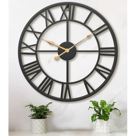 Oversized Round Silent Vintage Industrial Black Metal Farmhouse Big Roman Numeral Wall Clocks for Living Room | Kitchen | 30 Inch Extra Large Giant Wall Clock | Bedroom Home Decor